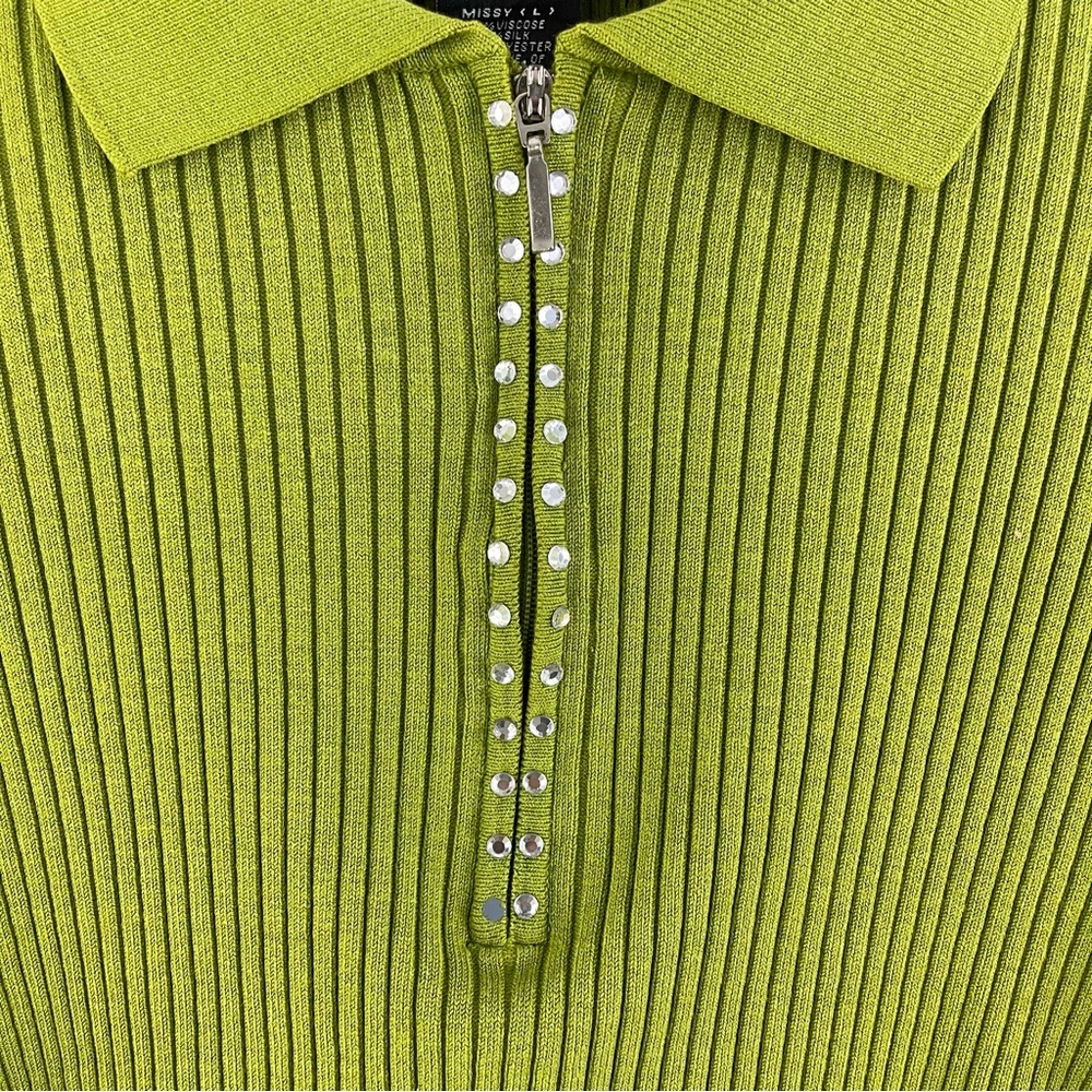 CABLE & GAUGE Y2K 90’s Vibes Green Ribbed Rhinestone Half Zip Cropped Sweater - Picture 5 of 10